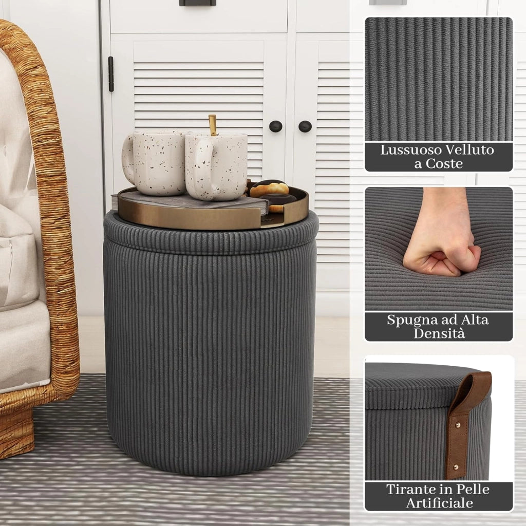 Set di 2 Pouf Contenitore in Velluto, Pouf Rotondi Imbottiti da 40L + 25L, Sgabelli con Contenitore per Soggiorno, Camera da Letto, Portata 150 kg (Grigio)