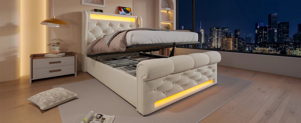 DESMIU Letto singolo 90 × 200 cm con LED, USB e Type-C, contenitore idraulico, senza materasso, in velluto beige