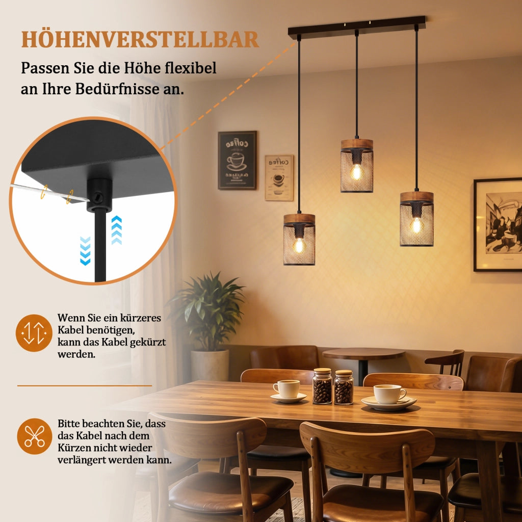 ZMH Lampada a Sospensione Vintage Legno Nero 3 Luci E14 Industriale per Soggiorno Sala da Pranzo Cucina Senza Lampadina