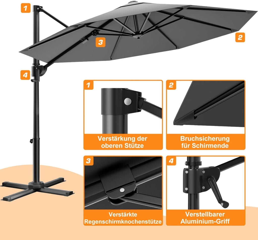 Ombrellone da Giardino Grande 330 cm, Ombrellone da Spiaggia e Giardino con Struttura Rinforzata, Manovella a 360°, Copertura Antivento 7x, Protezione UV 30+