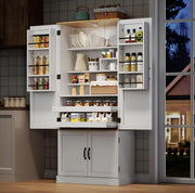 Credenza alta moderna in MDF bianco 80x40x180 cm con ante; cassetti e luce con sensore