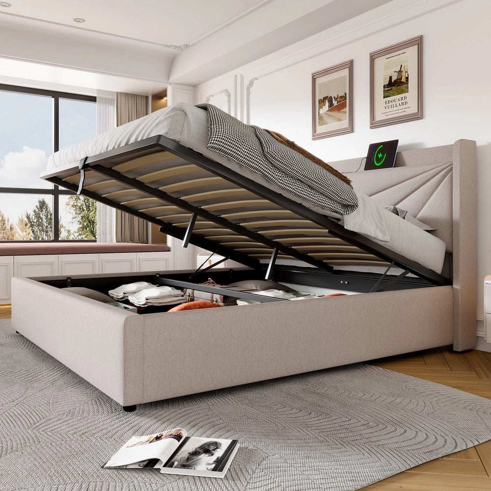 Letto Contenitore Matrimoniale Imbottito in Tessuto con USB ¨C Xylo ¨C 180x200, con Rete a Doghe
