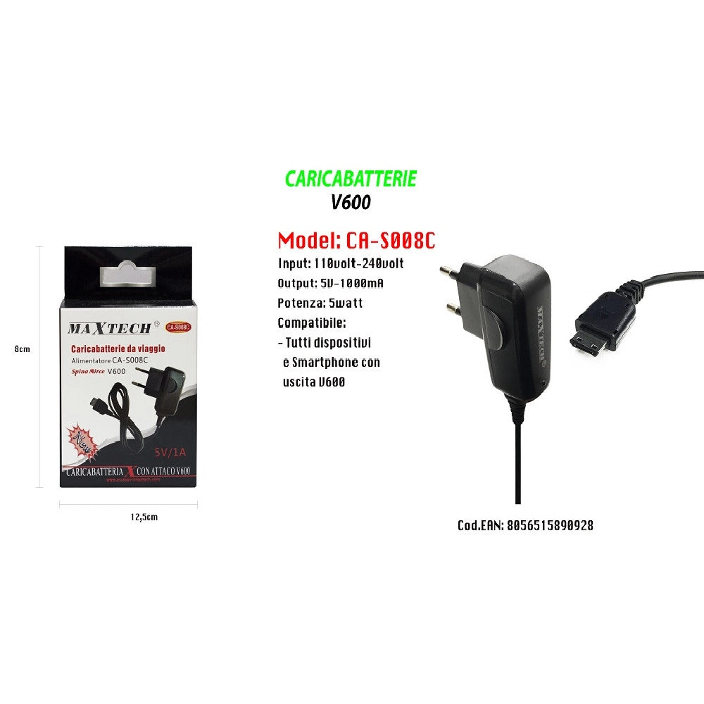 Trade Shop - Caricabatterie High Power Da Viaggio Con Spina Ad Attacco V600 5v-1000ma Maxtech Ca-s008c -