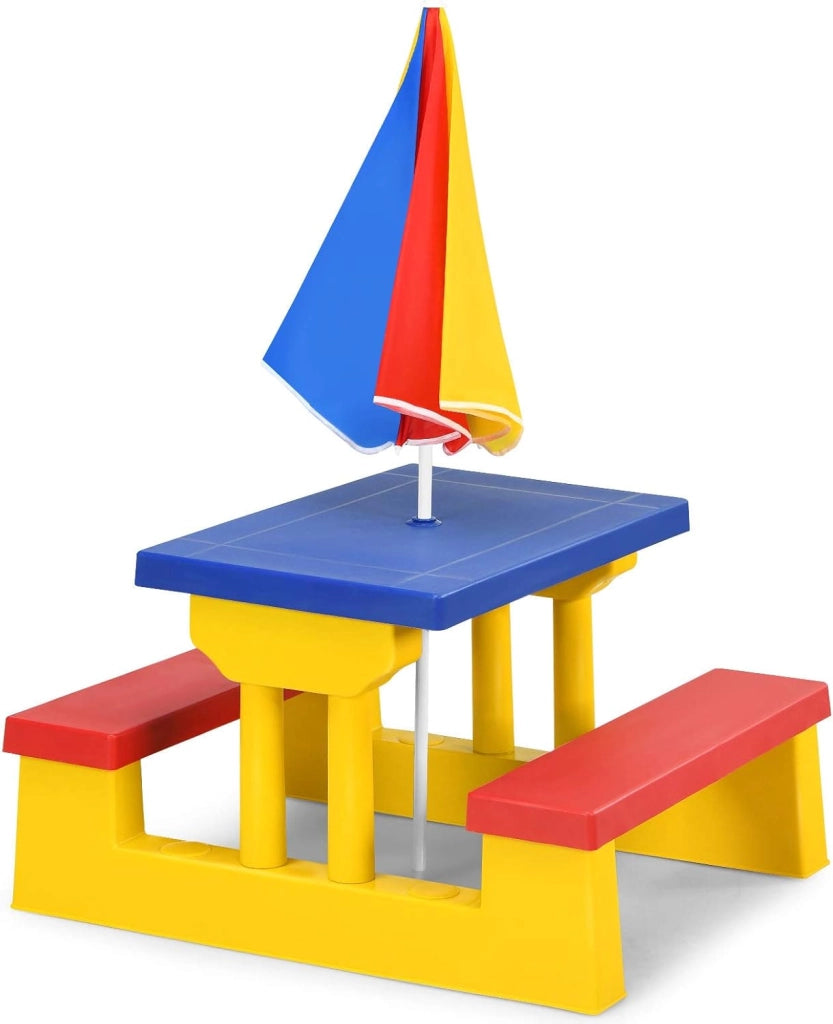 Tavolo da Picnic, Set di Tavolo e Sedie per Bambini con Parasole Pieghevole per Giardino/Terezzo/Parco, Bambini più di 3 Anni (Giallo + Rosso + Blu)