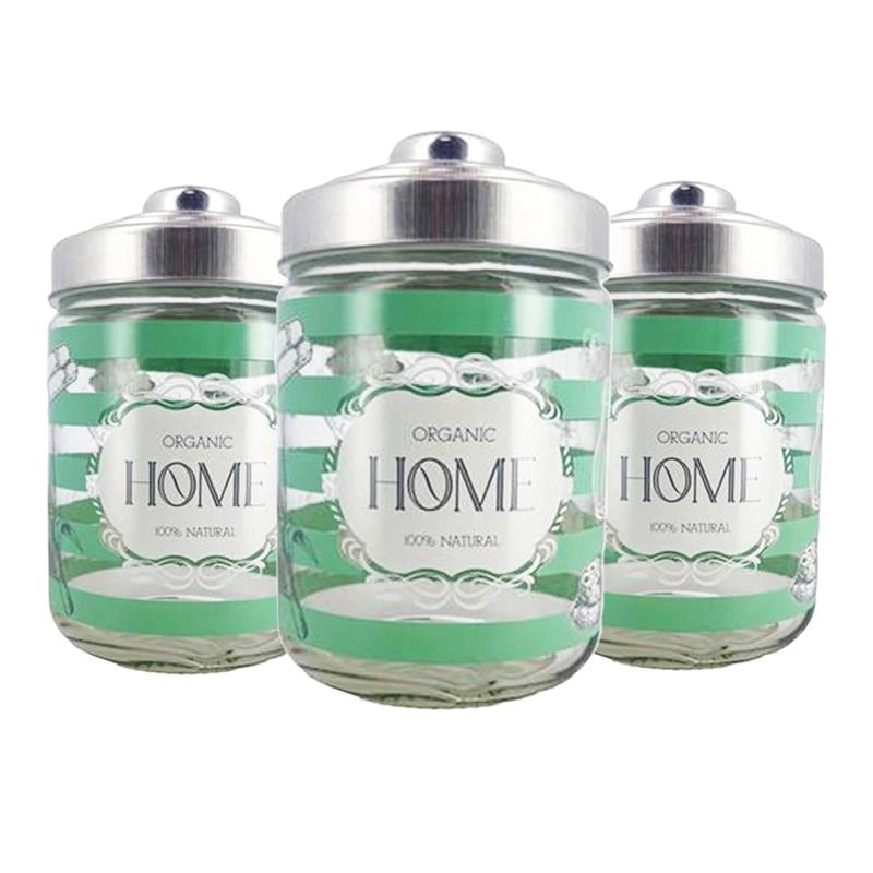 SET 3 BARATTOLI HOME IN VETRO CON FANTASIA E SCRITTA HOME IN COLORAZIONE VERDE CON TAPPO 800 CC