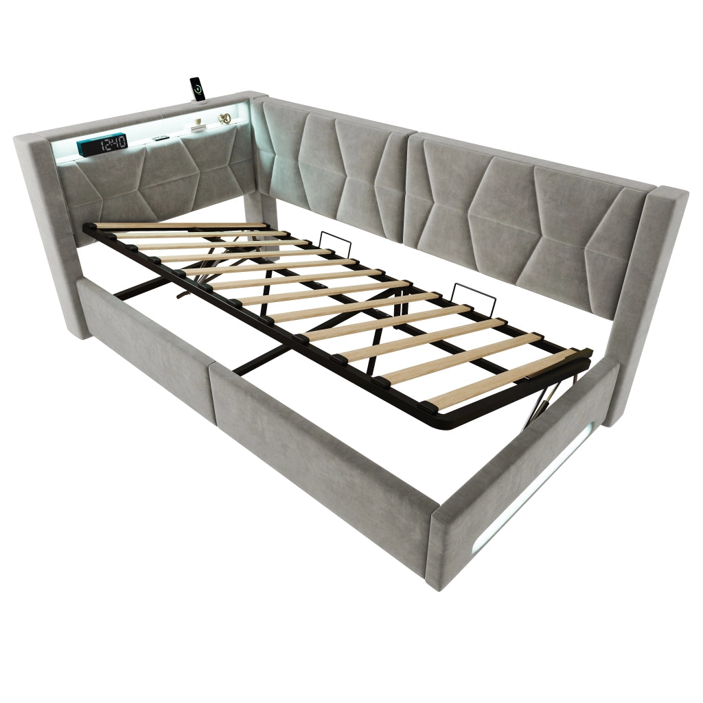 Letto Contenitore Letto Singolo 90x200 cm; USB; Type-C; LED; in Velluto; Grigio Scuro