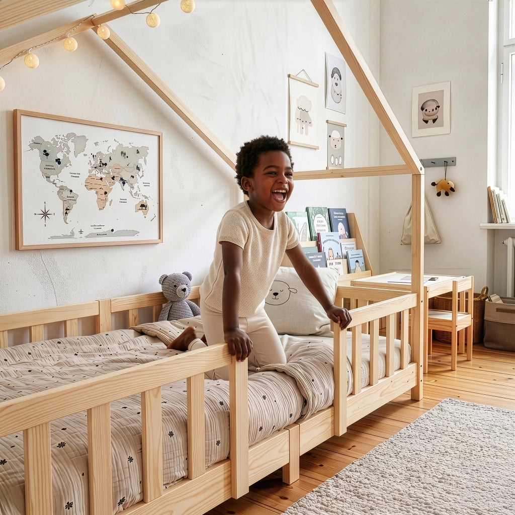 Letto per Cameretta Treviolo a Forma di Casetta in Stile Montessori 90x200 cm Naturale [en.casa]