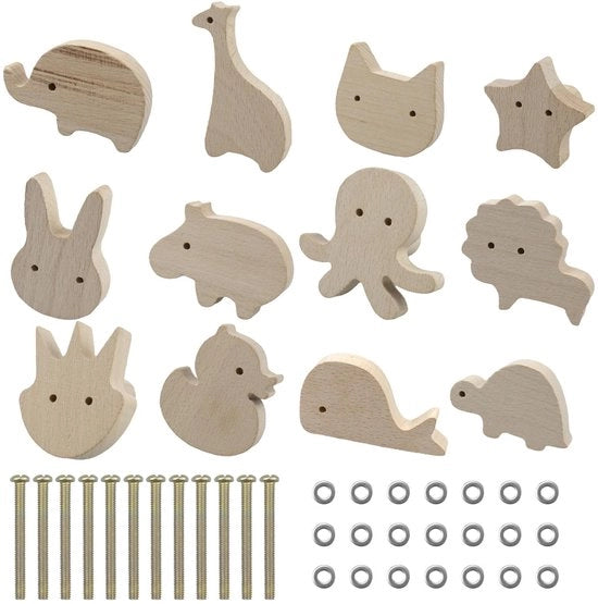 Deurknoppi in legno con forme di animali per bambini, 12 pezzi, decorativi per la stanza dei bambini
