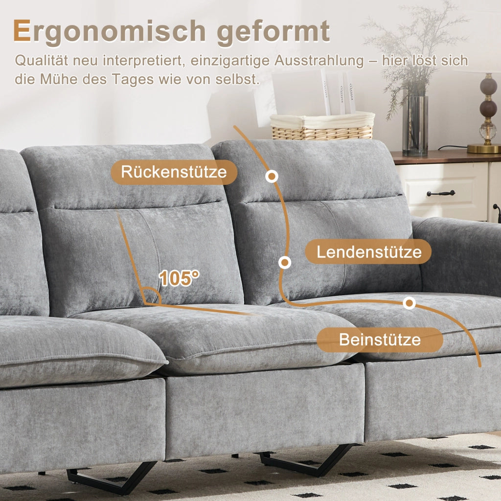 Divano a U modulare con 2 pouf contenitore e tasche laterali in chenille grigio chiaro per soggiorno 261 × 77 × 86 cm