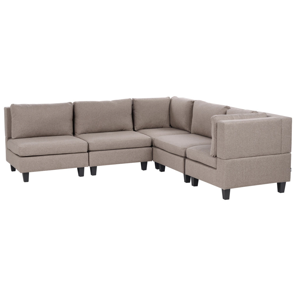 Divano componibile a 5 posti imbottito in tessuto marrone gambe nere lato sinistro stile moderno
