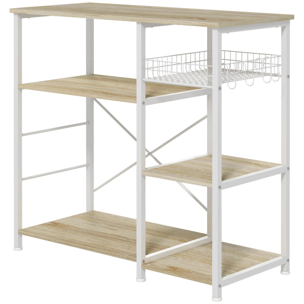 EasyComfort Mobile Cucina Moderno a 4 Ripiani con Cestino e Ganci in Legno e Acciaio, 90x40x84.5cm, Quercia e Bianco