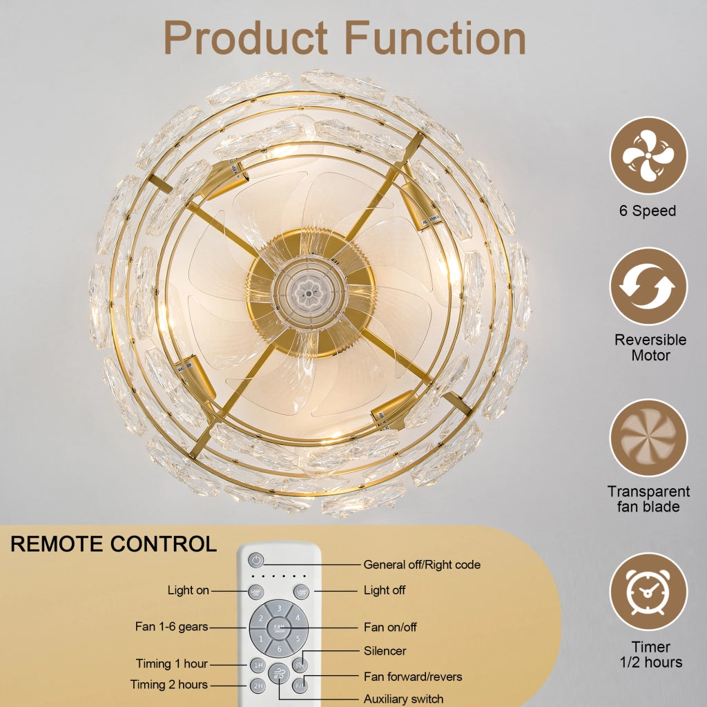 Ventilatore da soffitto 19 pollici con lampadario cristallo, stile lusso oro, motivo rombi, pale ABS, compatibile app, 6 velocit¨¤ reversibili