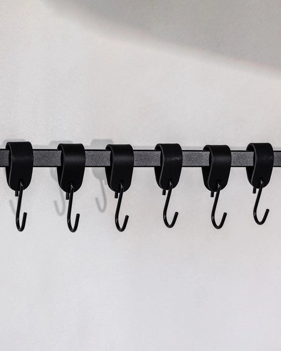 Set di 6 ganci a S di metallo in nero - Design moderno - Gancio a S di alta qualità con cerniera in pelle e acciaio - 10 cm