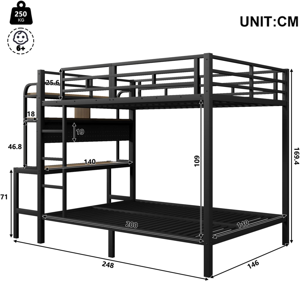 Letto a castello 140x200 cm con struttura in ferro, scrivania, luce LED e porta USB, nero