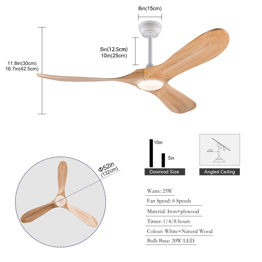 Ventilatore da soffitto da 52 pollici con luce LED; telecomando e 3 pale in legno massello