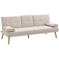 Divano Letto 3 Posti Reclinabile con Rivestimento Effetto Lino e Tavolino a Ribalta, Beige