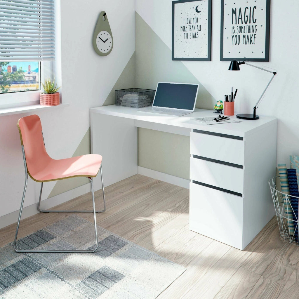 Scrivania Alko, Scrittoio reversibile con 3 cassetti, Tavolo ufficio salvaspazio multiposizione, 138x60h74 cm, Bianco