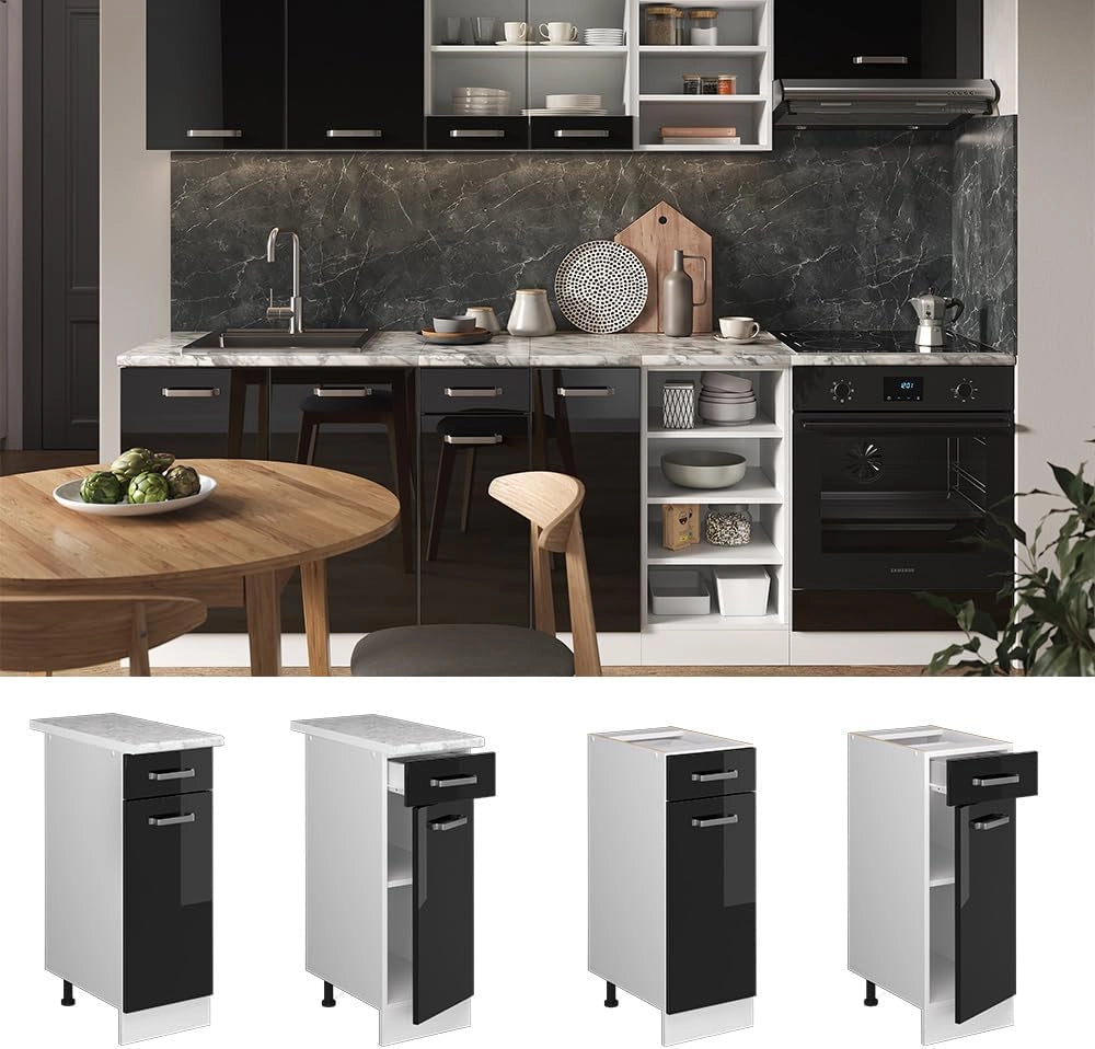 Mobiletto base per cucina R-Line, Nero lucido, 30 cm senza piano di lavoro, per la libera combinazione all'interno di sistemi cucina modulari