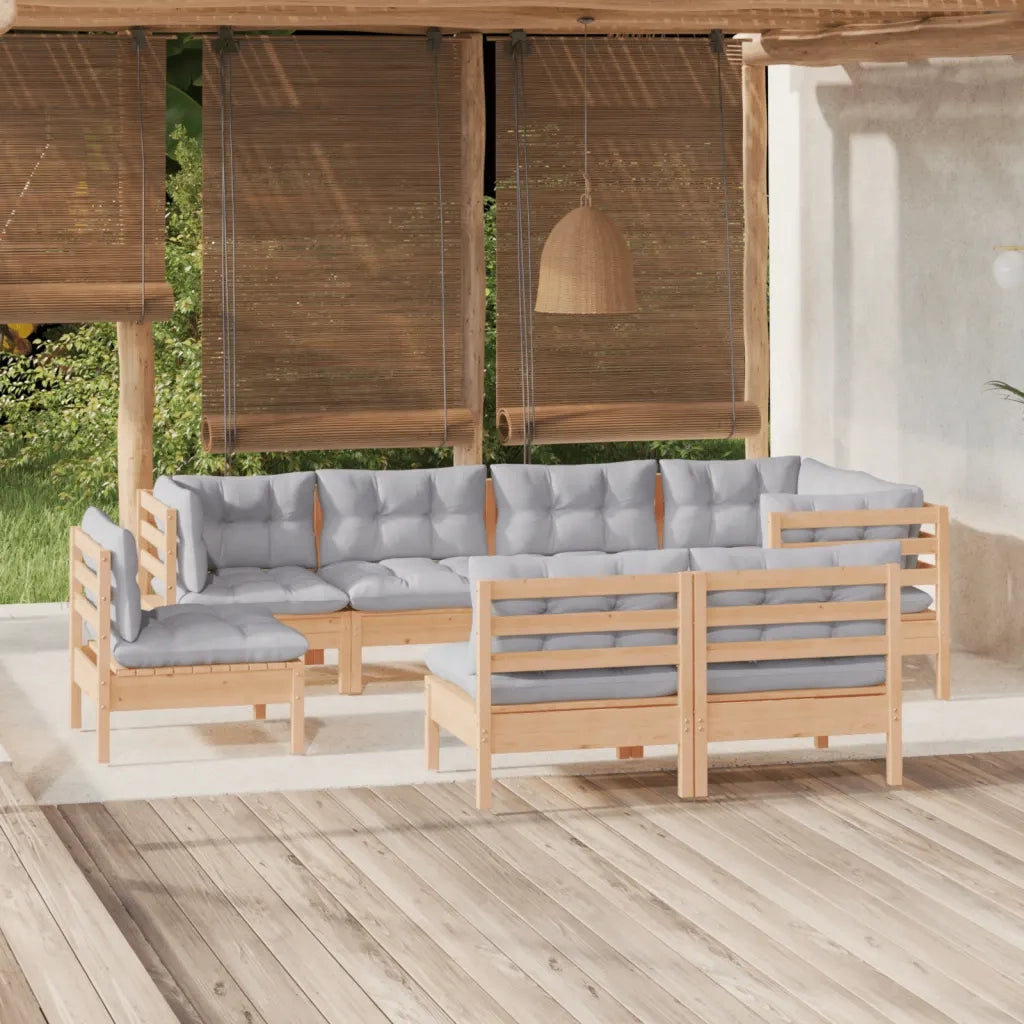 Set Divani da Giardino 8 pz con Cuscini Grigi Massello di Pino 3096465