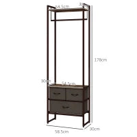 Appendiabiti da Terra con Asta, 3 Cassetti e Ripiani, in Legno MDF e Acciaio, 58.5x30x178 cm, Marrone