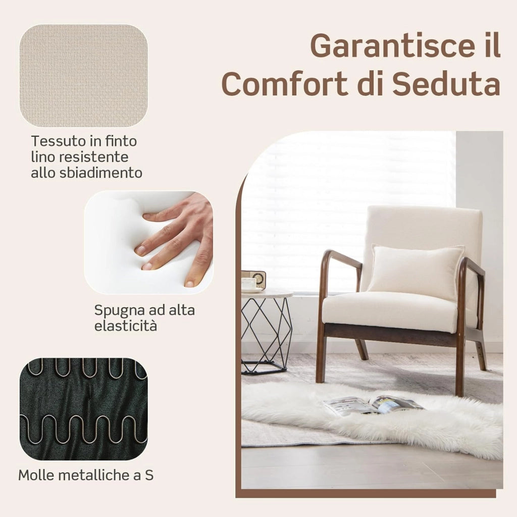 Poltrona da Salotto, Sedia da Soggiorno con Cuscino Lombare, Poltrona Moderna Imbottita, Telaio in Legno di Gomma, per Soggiorno, Camera da Letto, Portata 150 kg (Beige)