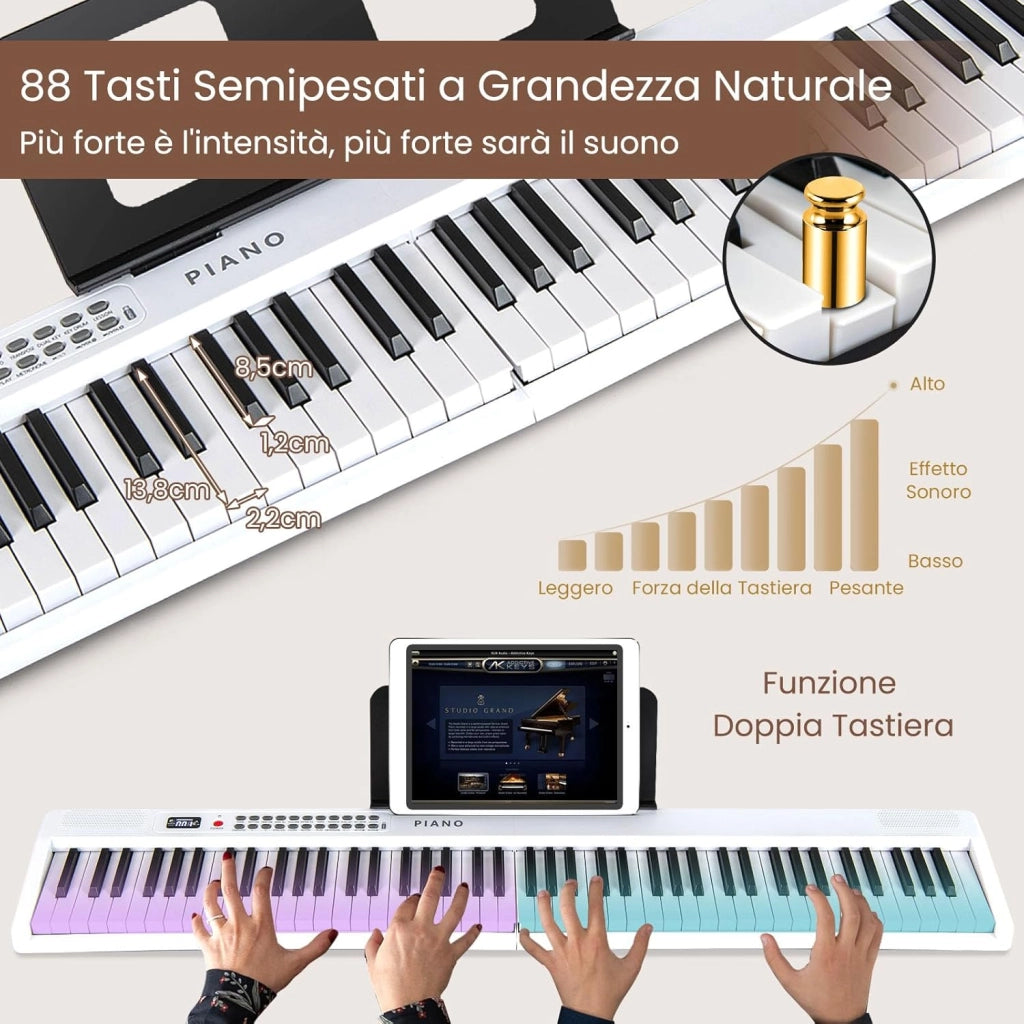 Pianoforte Elettronico Pieghevole a 88 Tasti, Piano Digitale con MIDI, 1000 Ritmi, 1000 Timbri, 150 Canzoni Demo, Registrazione, Batteria e Borsa da Trasporto per Bambini, Adulti (Bianco)
