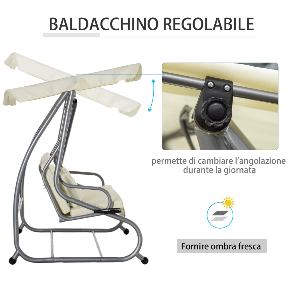 Dondolo Letto da Giardino 3 Posti con Tetto Regolabile e 2 Portabicchieri, 200x120x164 cm, Crema
