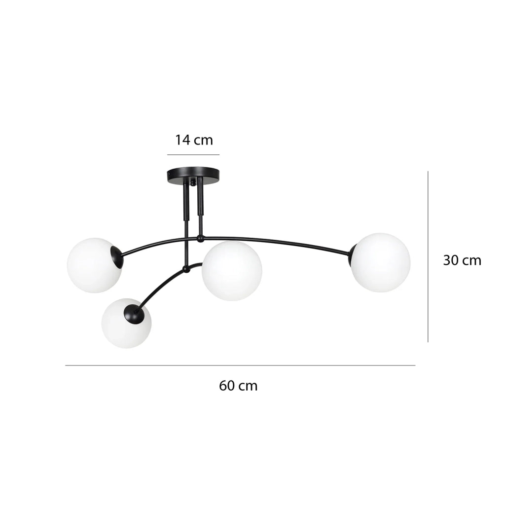 Plafoniera Moderna 4 Luci Susanoo In Acciaio Nero E Vetri A Sfera In Bianco
