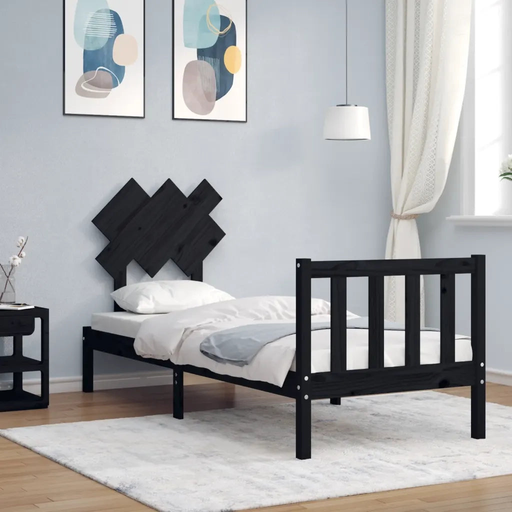 Letto singolo | Letto per adulti | Giroletto con Testiera Nero Small Single in Legno Massello