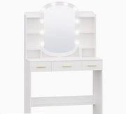Specchio con 10 Lampade a LED – Regolazione Tridimensionale della Luminosità – 3 Prese e 6 Comparti di Deposito Aperti – Grande Specchio Ovale – Tela Bianca – 40 × 90 × 144 cm