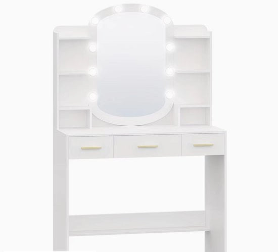Specchio con 10 Lampade a LED – Regolazione Tridimensionale della Luminosità – 3 Prese e 6 Comparti di Deposito Aperti – Grande Specchio Ovale – Tela Bianca – 40 × 90 × 144 cm