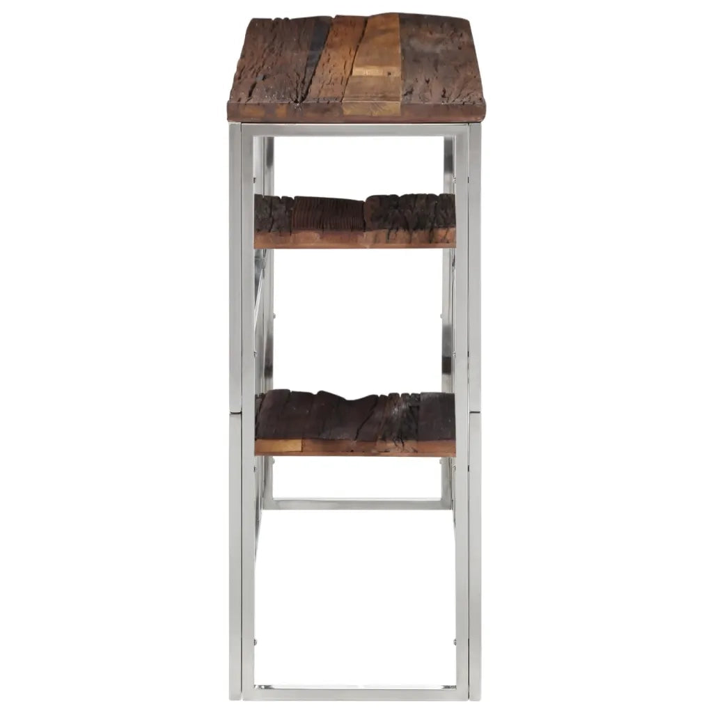 Tavolo Consolle Argento Acciaio Inox e Traverse Legno Massello 350013