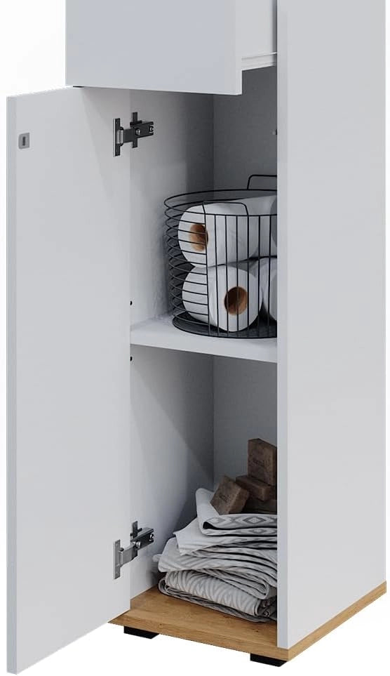 Mobiletto midi Didi, Bianco/Artisan, 30 x 97 cm con cassetto, per la conservazione di articoli da bagno e prodotti per la cura personale