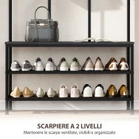 Appendiabiti da Ingresso 3 in 1 con 6 Ganci e Panca con Scarpiera, 91x36x180 cm, Nero