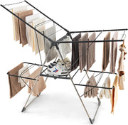 Stendibiancheria da Pavimento a 2 Piani Pieghevole con Ali Regolibili, Stendino in Acciaio Inox con Antiscivolo, Stendi Biancheria Salvaspazio per Interno ed Esterno, 141 x 58 x 130 cm, Grigio