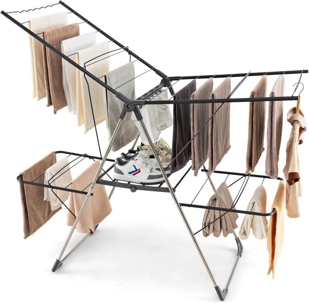 Stendibiancheria da Pavimento a 2 Piani Pieghevole con Ali Regolibili, Stendino in Acciaio Inox con Antiscivolo, Stendi Biancheria Salvaspazio per Interno ed Esterno, 141 x 58 x 130 cm, Grigio