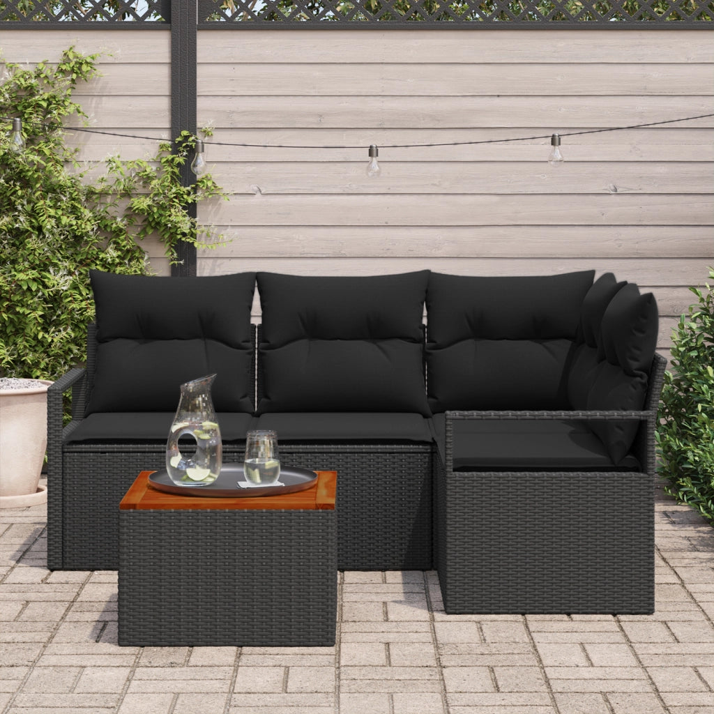 Set di divani da giardino  5 pezzi con cuscini Nero Polirattan Acacia