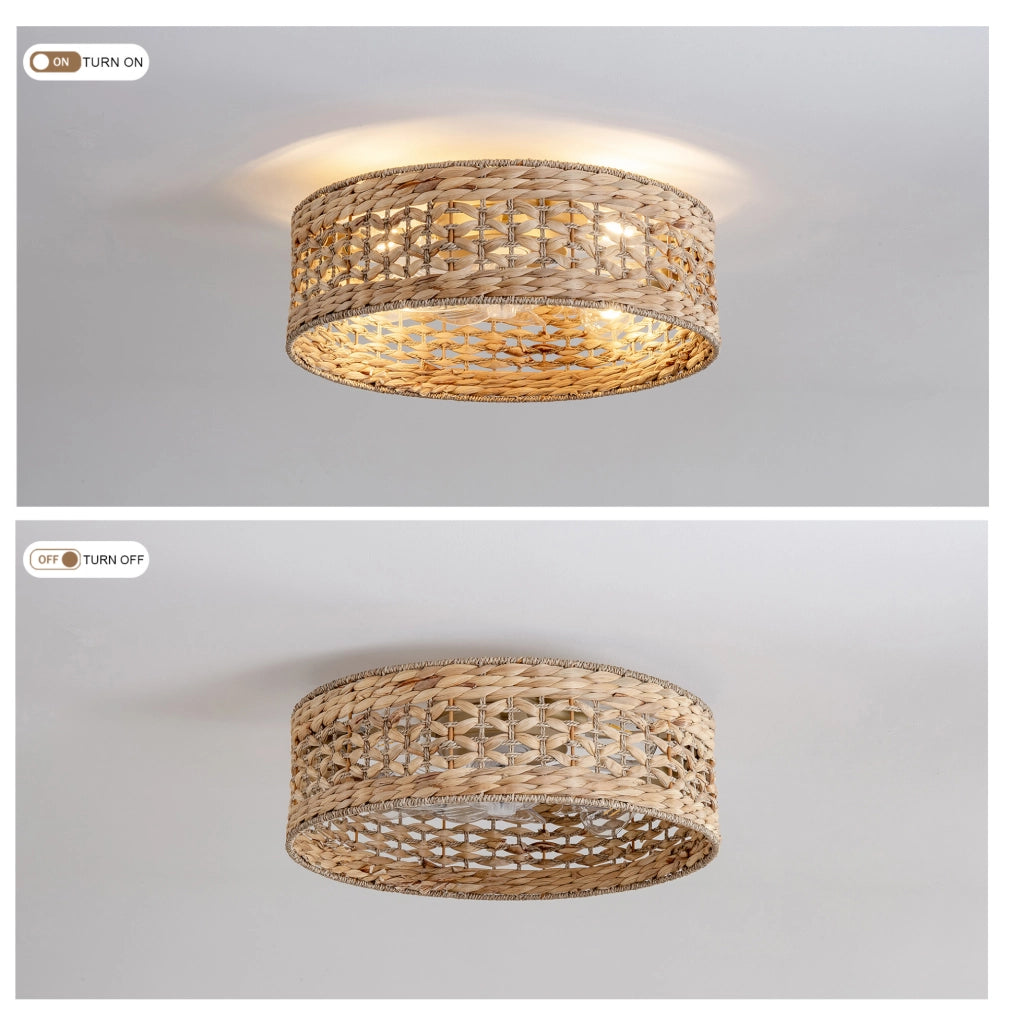 Ventilatore da soffitto con plafoniera in rattan intrecciato; controllo via app e telecomando; colore rame