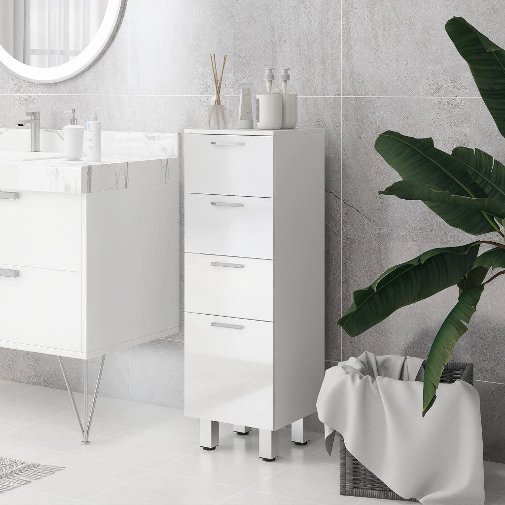 Mobiletto Bagno in Truciolato con 4 Cassetti e Base Rialzata, 30x30x93 cm, Bianco