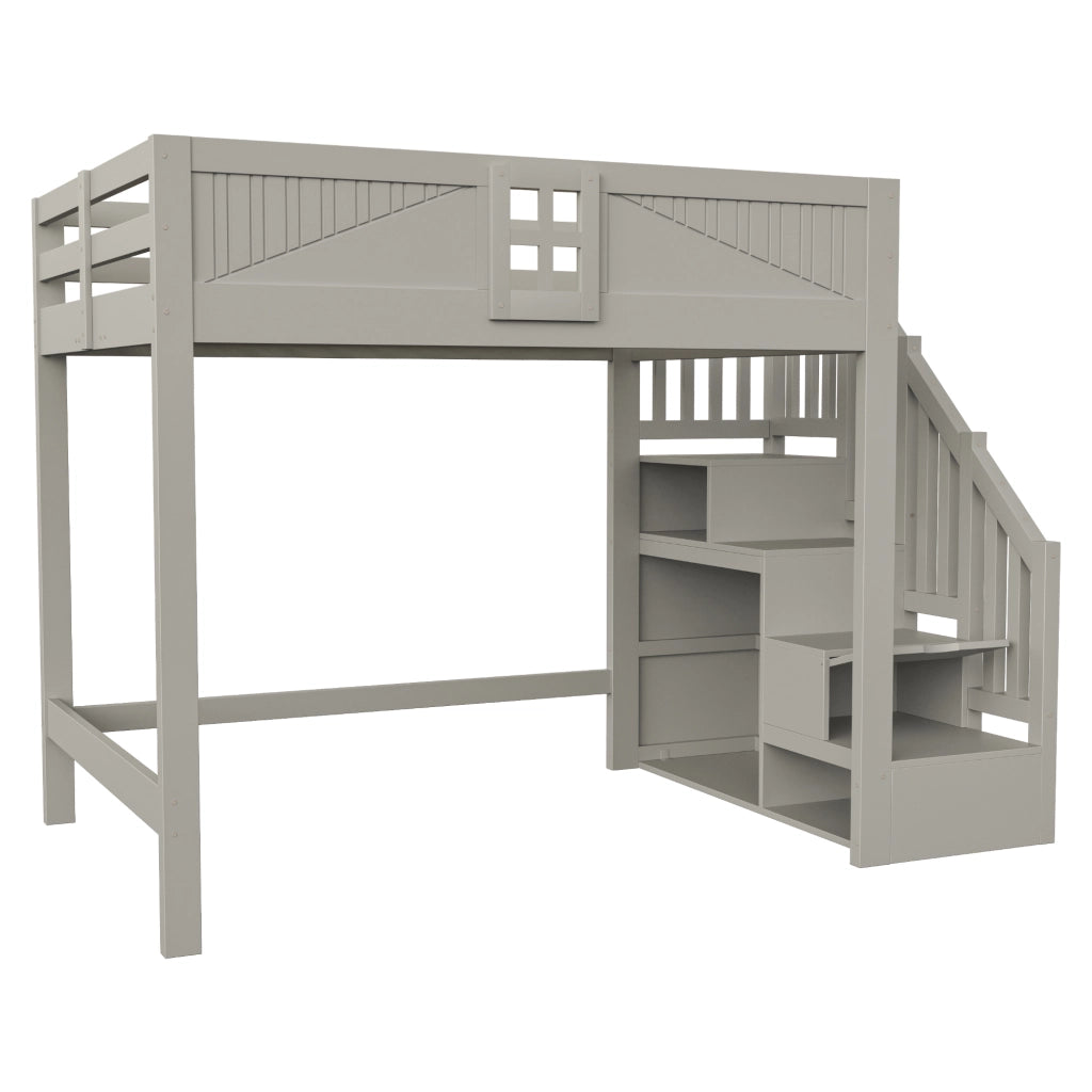 Letto a soppalco 140×200 cm con scala laterale; ripiani e barriera di sicurezza; senza materasso; legno; grigio