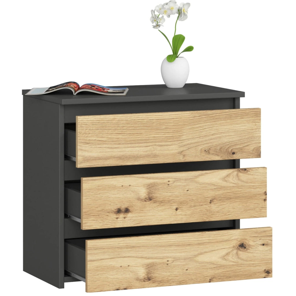 Comodino AKORD CL3 Grigia Grafite 60 cm 3 cassetti inserto frontale Quercia Artisan 60x35x57 cm
