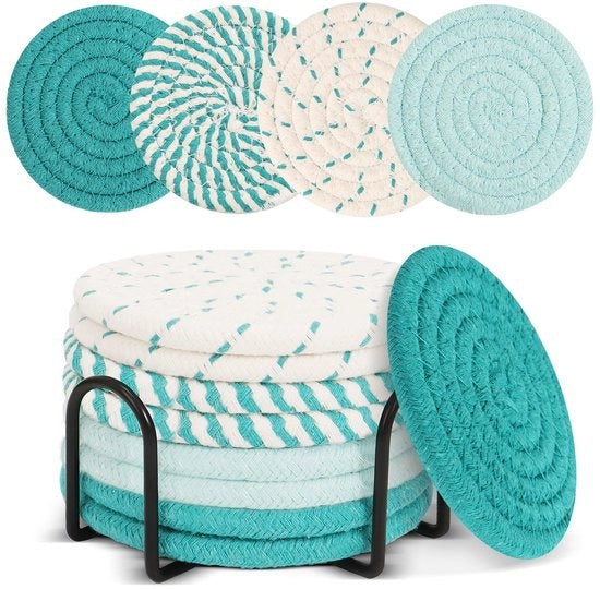8 sottopiani blu con supporto, sottopiani assorbenti, sottopiani blu, vetrini per cucina, ufficio, decorazione bar, regali di benvenuto per casa per donne, padre e madre
