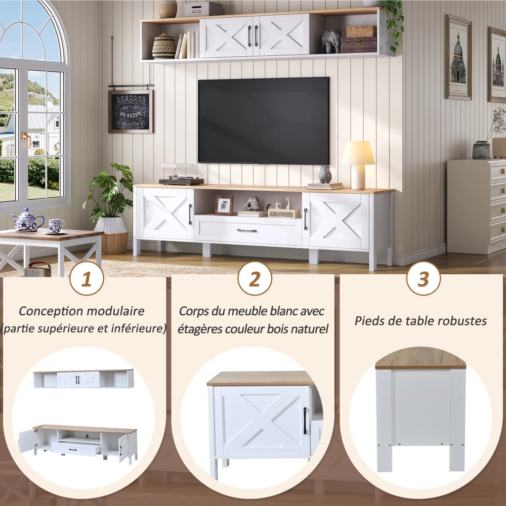 Mobile TV con 4 ante e 1 cassetto; vetrina pensile - per soggiorno - in MDF - bianco