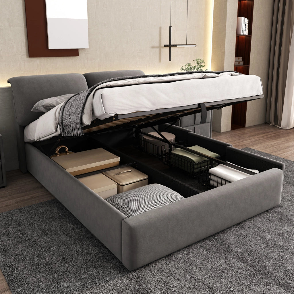 Letto in velluto grigio 140x200 cm con contenitore e 3 cassetti