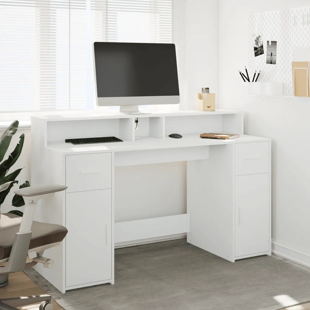 Scrivania | Tavolo da Ufficio con Luci LED Bianca 140x55x91 cm in Legno Multistrato