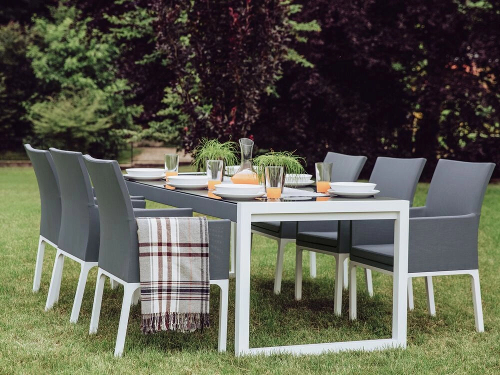 Tavolo da pranzo da giardino Piano in vetro alluminio grigio e bianco resistente agli agenti atmosferici