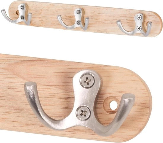 Ganci per Abbigliamento in Legno con 3 Ganci in Acciaio Inossidabile 27 cm - Ganci per Parete per Viti