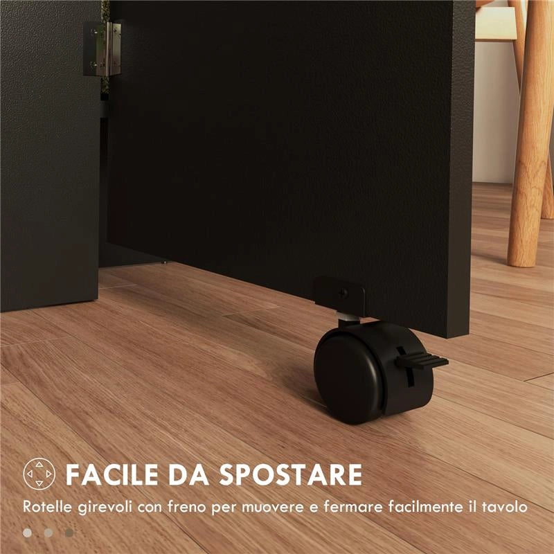 TAVOLO PIEGHEVOLE CONSOLLE PER 4-6 PERSONE CON RUOTE E RIPIANI, 140X75X74CM, ROVERE E NERO