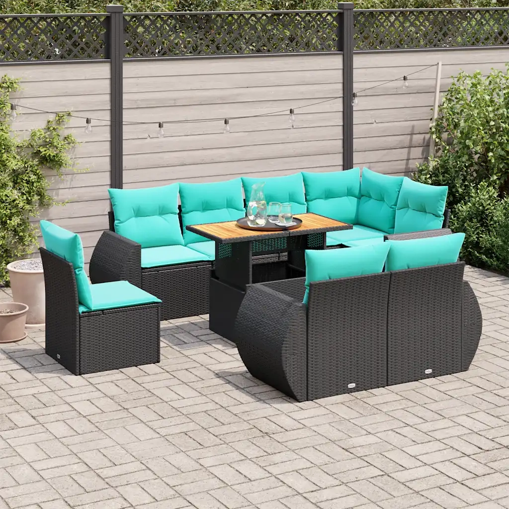 Set Divani da Giardino 9 pz con Cuscini Nero in Polyrattan