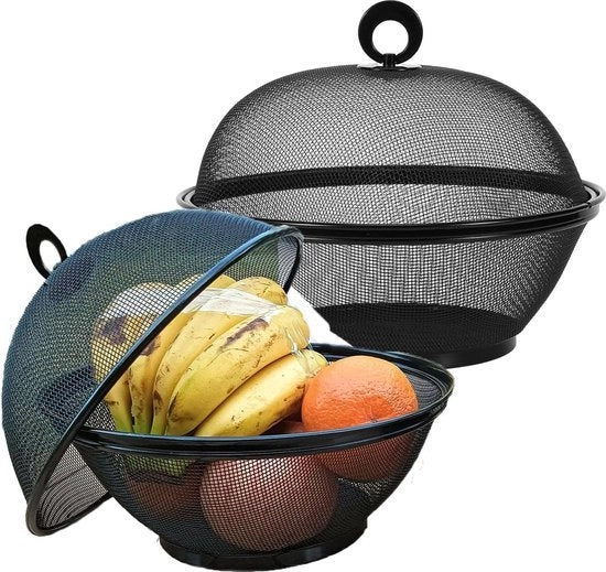 Cestello per frutta e verdura con coperchio e protezione dalle zanzare | Cestello per verdura con copertura | Cestello metallico a rete per frutta e verdura | Conservazione frutta e verdura (Nero, 2 set)